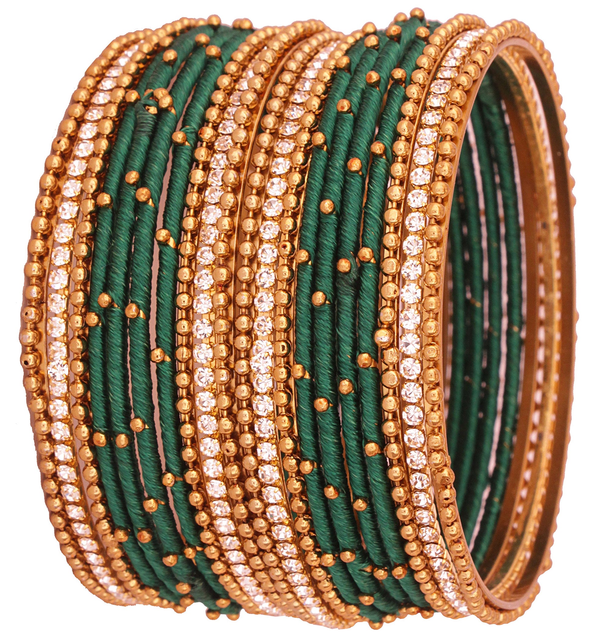T4 Jewels Non-Precious Metal with Base Metal and Zircon Gemstone Studded Ball Chain Linked Glossy Finished Silk thread Bangle set DarkGreen 2.4 Inches T4 Jewels