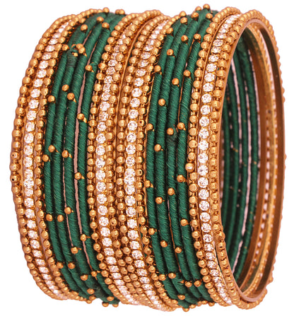 T4 Jewels Non-Precious Metal with Base Metal and Zircon Gemstone Studded Ball Chain Linked Glossy Finished Silk thread Bangle set DarkGreen 2.4 Inches T4 Jewels