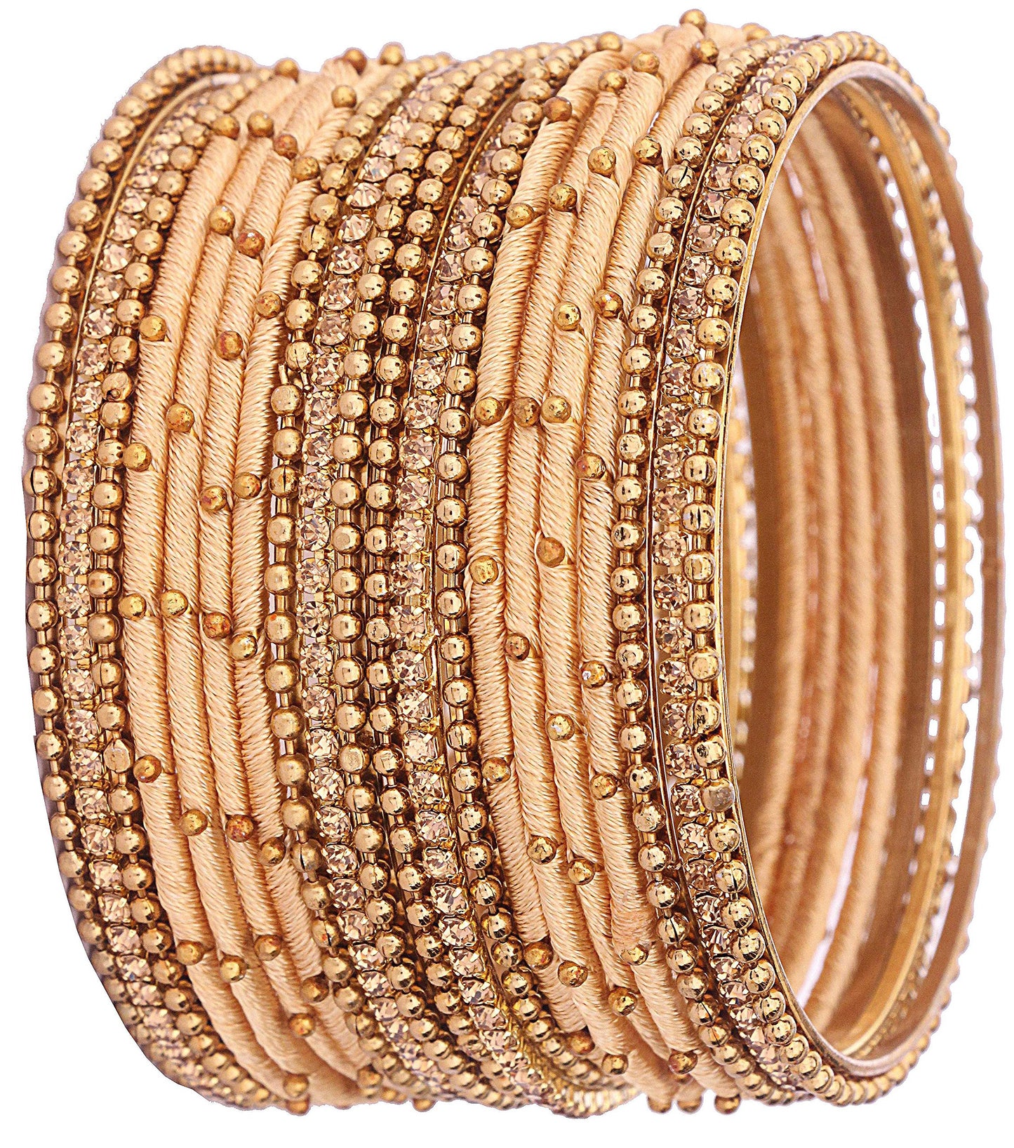 T4 Jewels Non-Precious Metal with Base Metal and Zircon Gemstone Studded Ball Chain Linked Glossy Finished Silk thread Bangle set Cream T4 Jewels