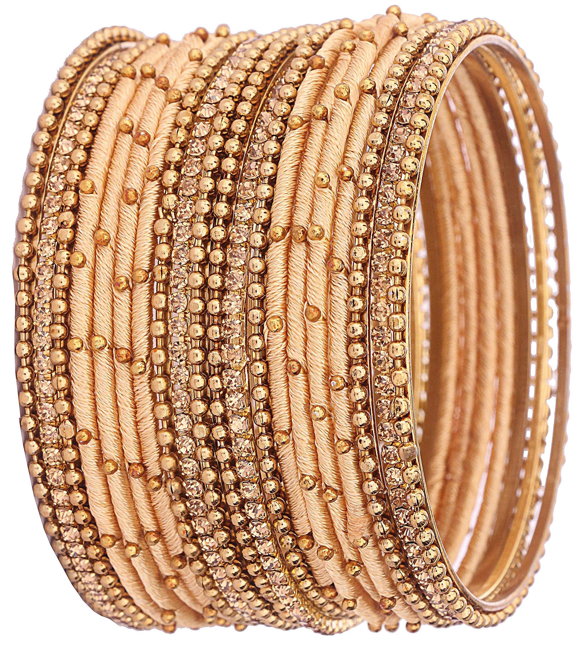 T4 Jewels Non-Precious Metal with Base Metal and Zircon Gemstone Studded Ball Chain Linked Glossy Finished Silk thread Bangle set Cream T4 Jewels