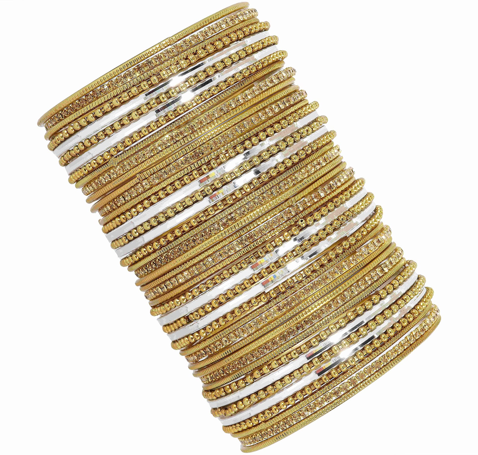 T4 Jewels Non-Precious Metal with Base Metal Zircon Gemstone Studded Glossy Finished Ballchain Linked Gold Plated Cutting Pattern Bangle set for Women and Girls T4 Jewels