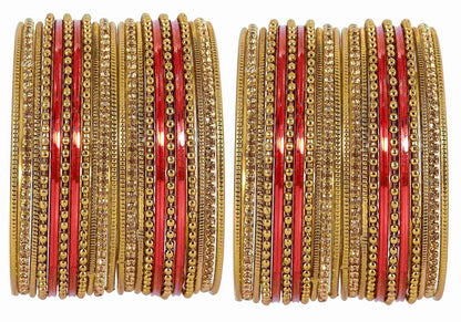 T4 Jewels Non-Precious Metal with Base Metal Zircon Gemstone Studded Glossy Finished Ballchain Linked Gold Plated Cutting Pattern Bangle set for Women and Girls T4 Jewels