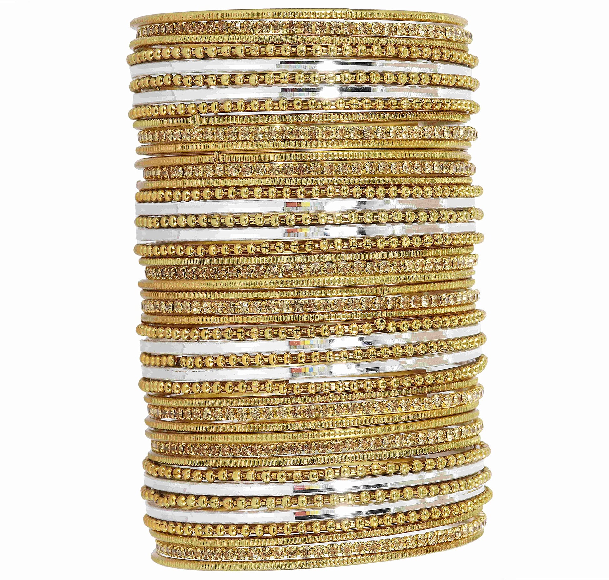 T4 Jewels Non-Precious Metal with Base Metal Zircon Gemstone Studded Glossy Finished Ballchain Linked Gold Plated Cutting Pattern Bangle set for Women and Girls T4 Jewels