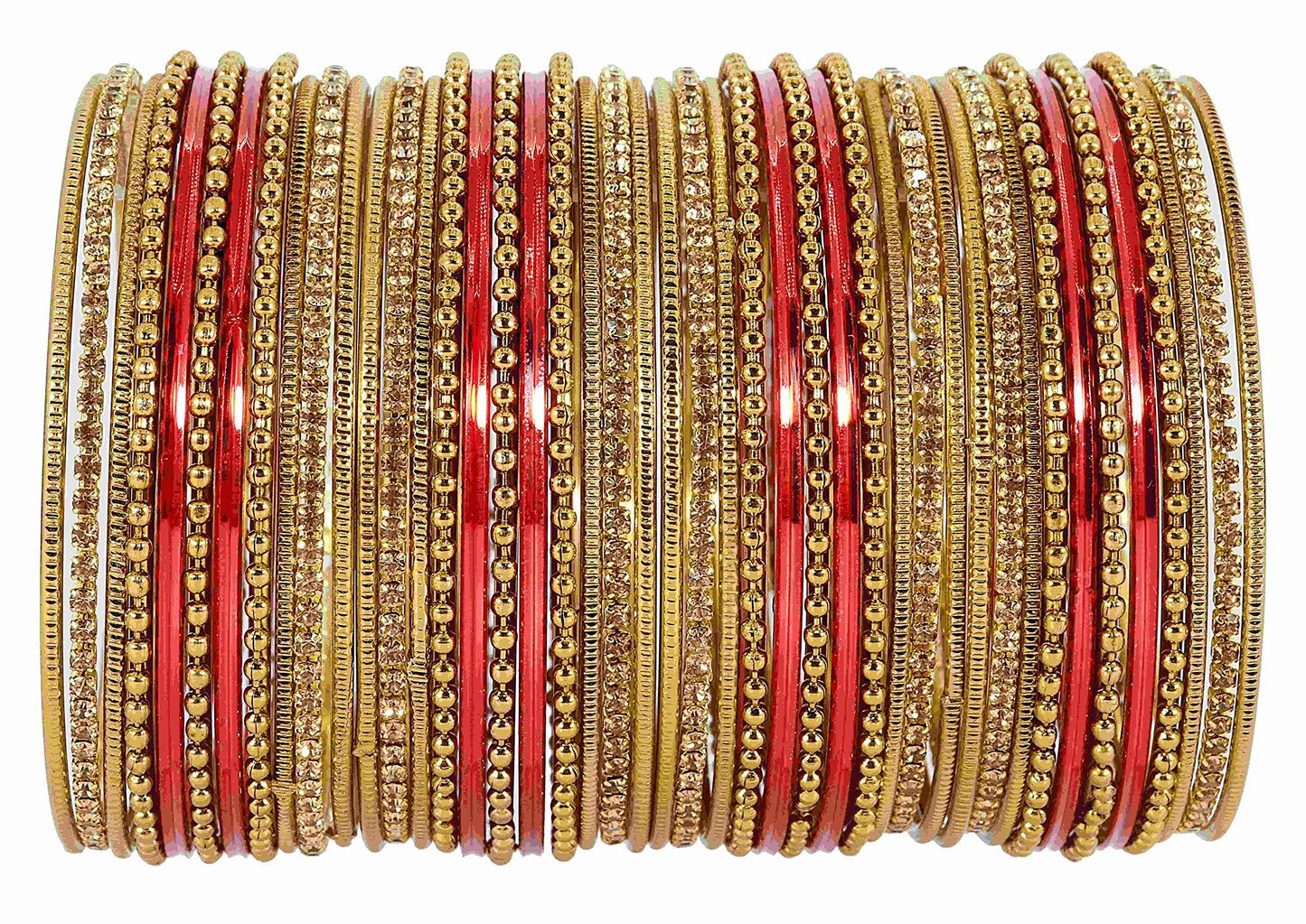 T4 Jewels Non-Precious Metal with Base Metal Zircon Gemstone Studded Glossy Finished Ballchain Linked Gold Plated Cutting Pattern Bangle set for Women and Girls Red T4 Jewels