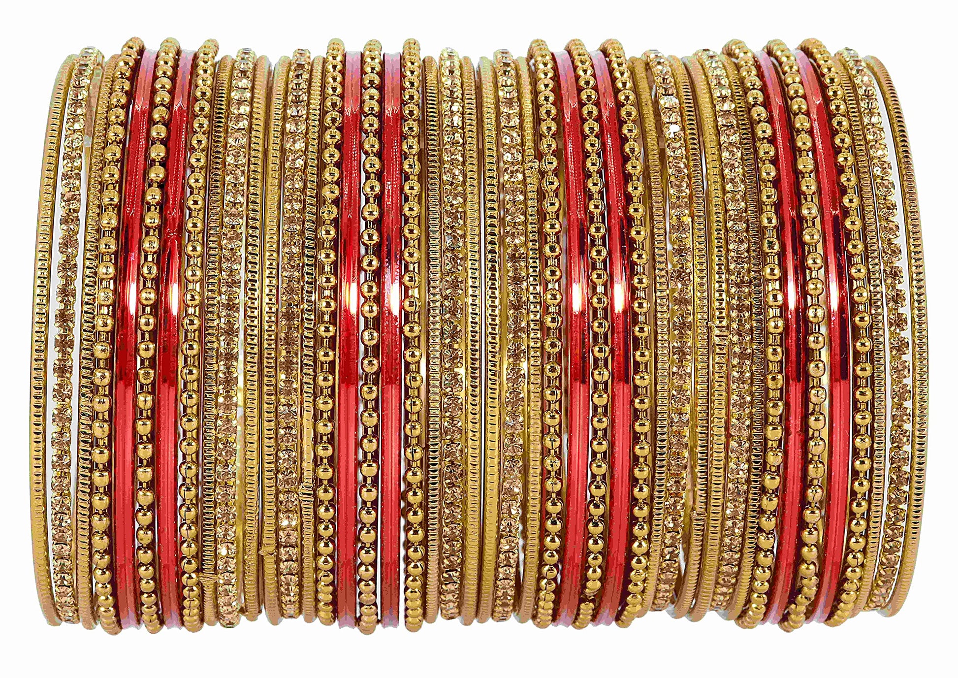 T4 Jewels Non-Precious Metal with Base Metal Zircon Gemstone Studded Glossy Finished Ballchain Linked Gold Plated Cutting Pattern Bangle set for Women and Girls Red T4 Jewels