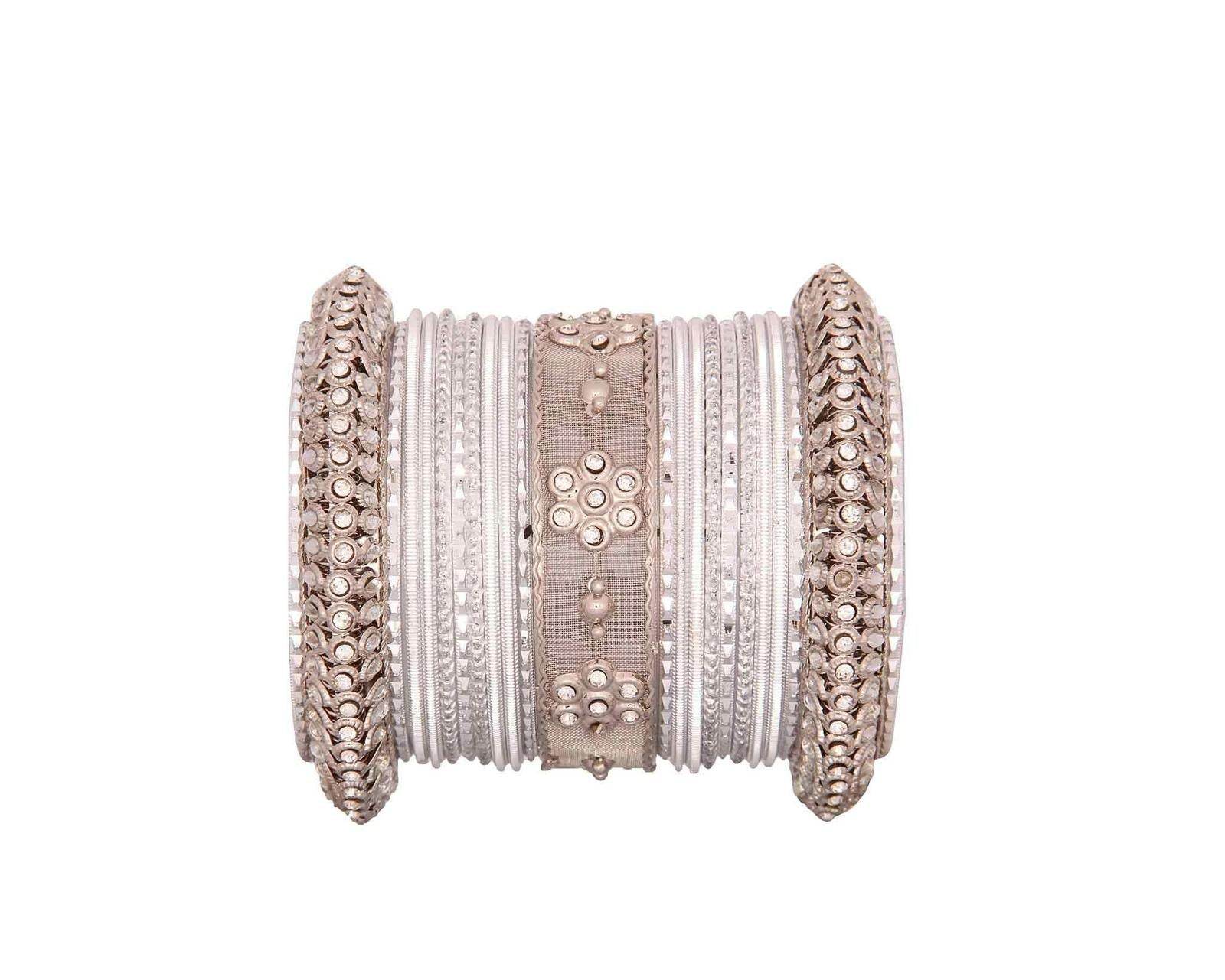 One Hand Multi-Colored Velvet Textured Bangle Set All Silver T4 Jewels