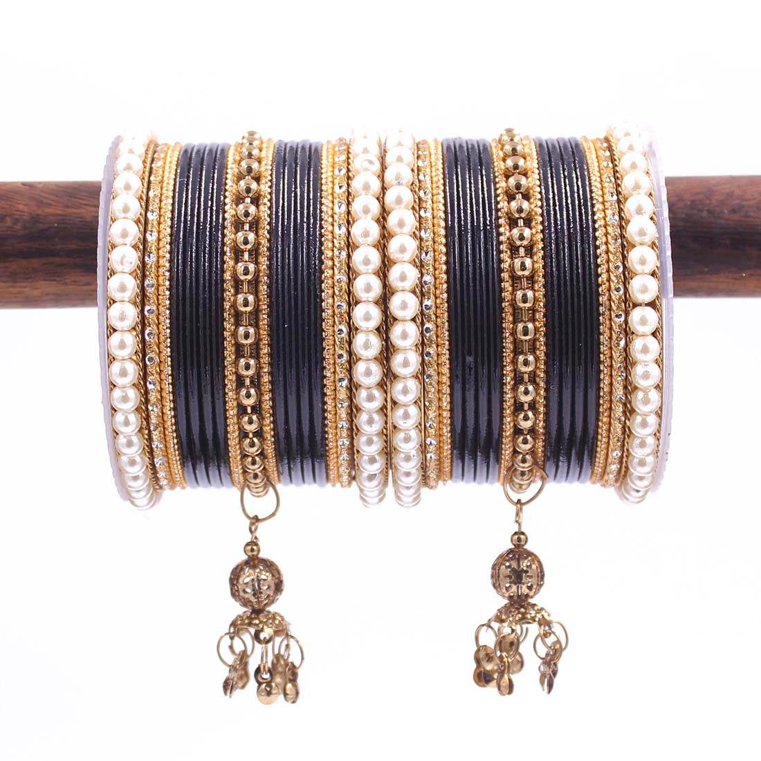 Traditional Solid Coloured Bangle Set with Pearl and Jhumki by T4 Jewels Black T4 Jewels