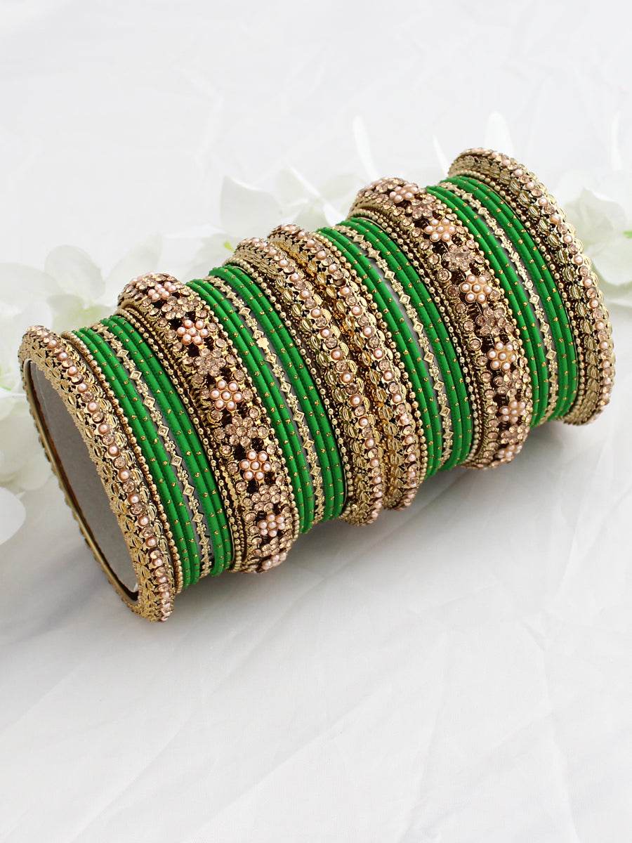 Mauli Bangle Set (Golden) Green T4 Jewels