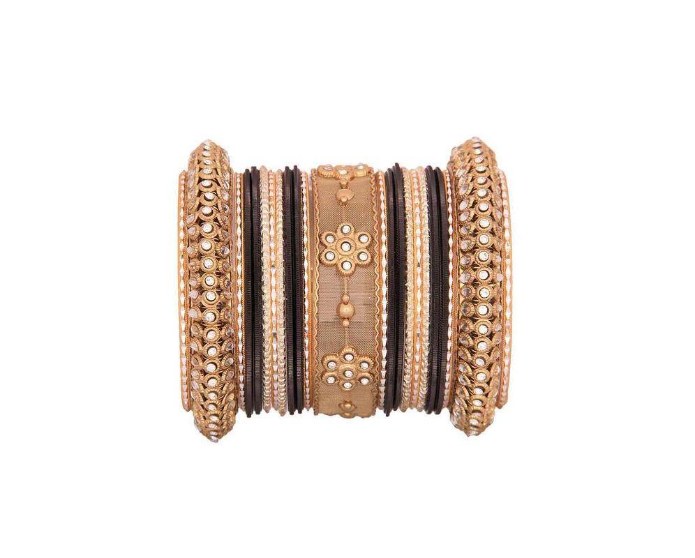 One Hand Multi-Colored Velvet Textured Bangle Set Black-Golden T4 Jewels