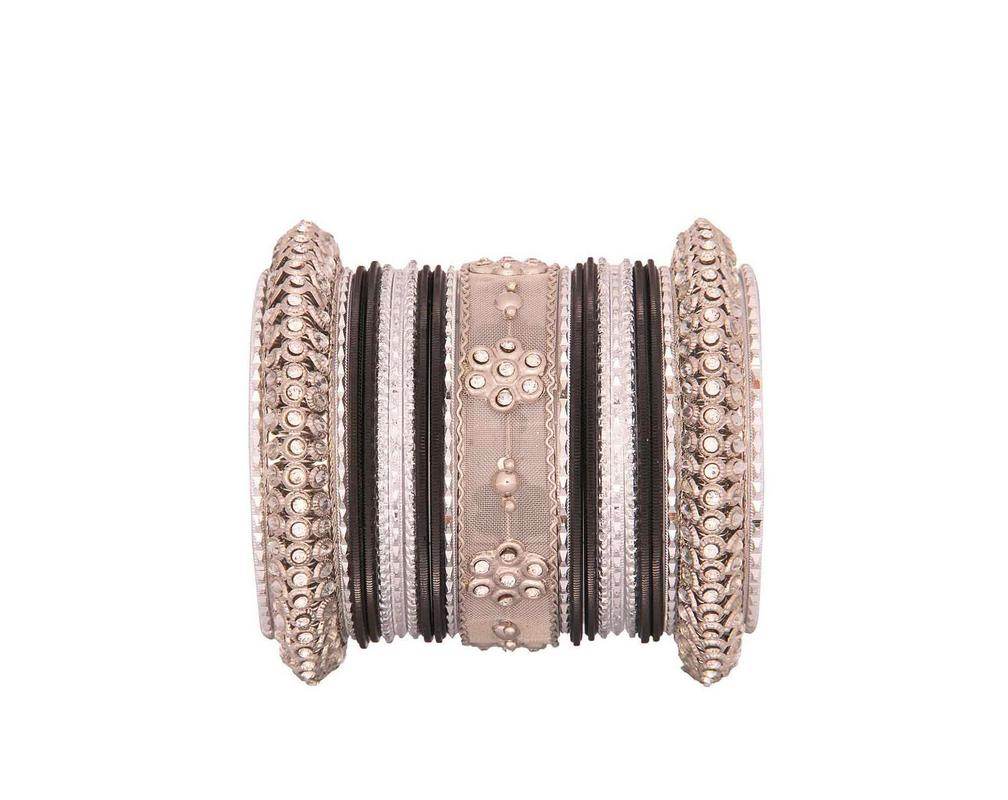 One Hand Multi-Colored Velvet Textured Bangle Set Black-Silver T4 Jewels