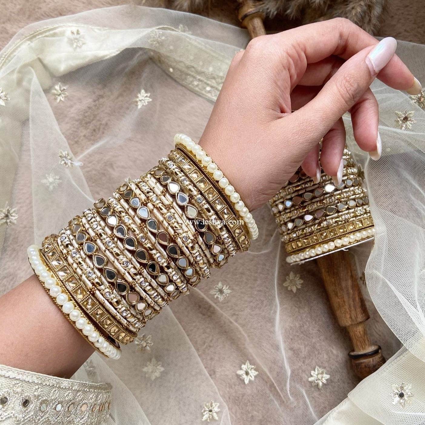 Bangle Set with Drop Mirror Kada and Pearl by T4 Jewels Beige T4 Jewels
