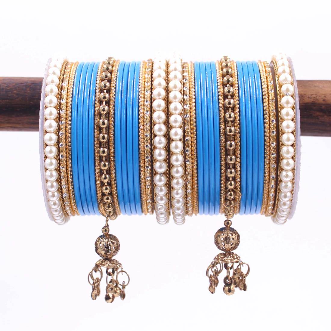 Traditional Solid Coloured Bangle Set with Pearl and Jhumki by T4 Jewels Firozi T4 Jewels
