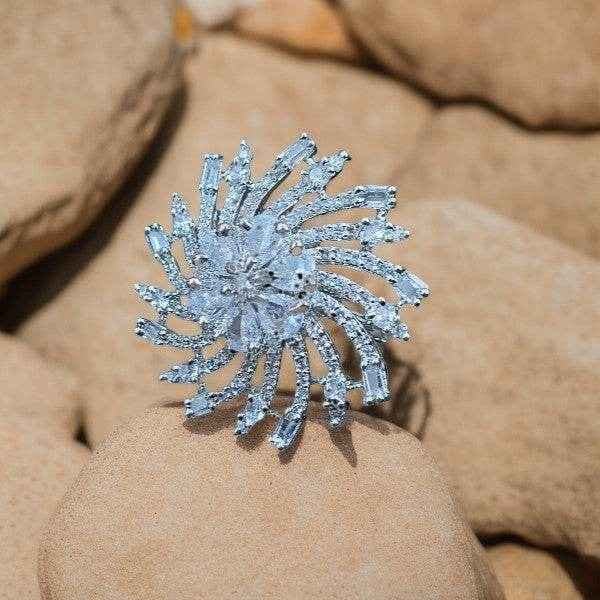 T4 Jewels Chakra Design Silver Colour Free Size American Diamond Ring