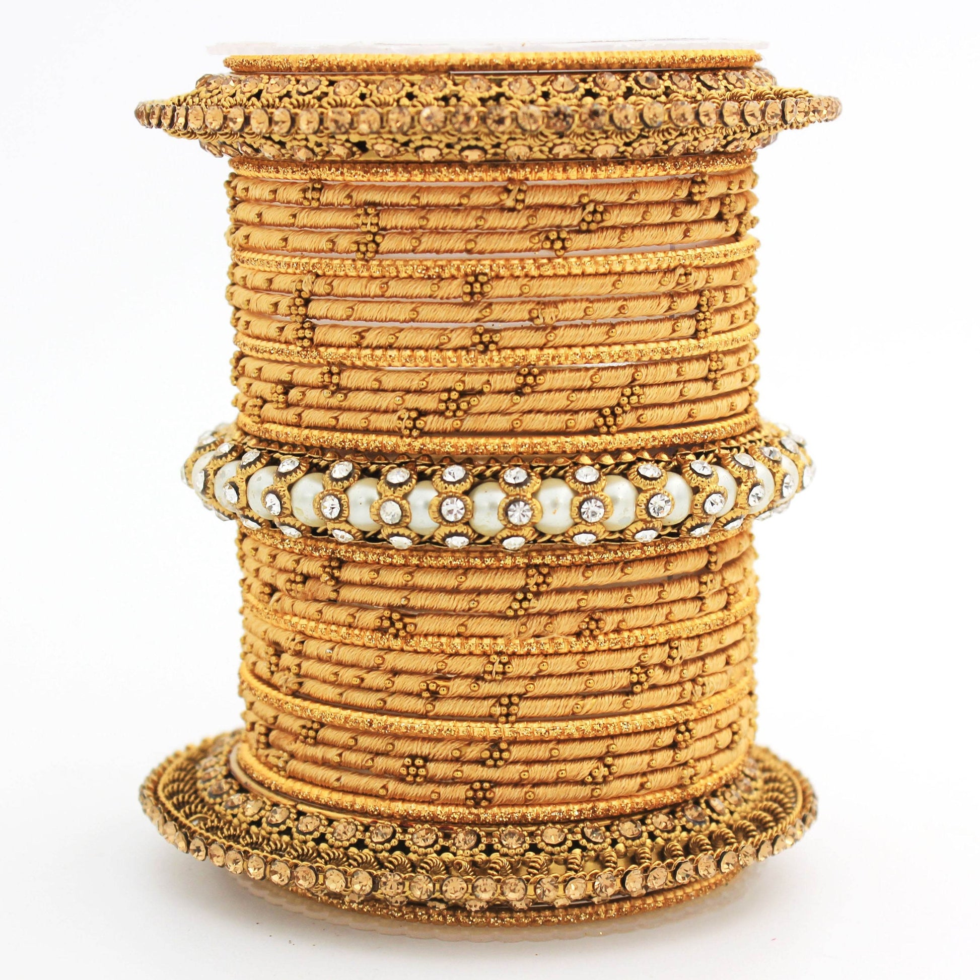 Traditional Thread bangle set with Pearl centre kada by T4 Jewels Golden T4 Jewels