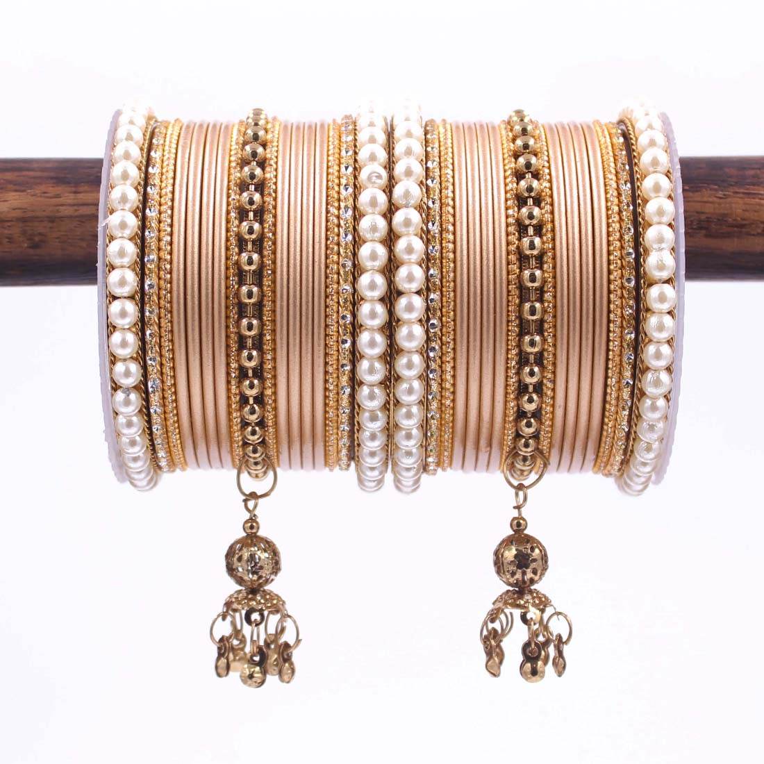 Traditional Solid Coloured Bangle Set with Pearl and Jhumki by T4 Jewels Golden T4 Jewels