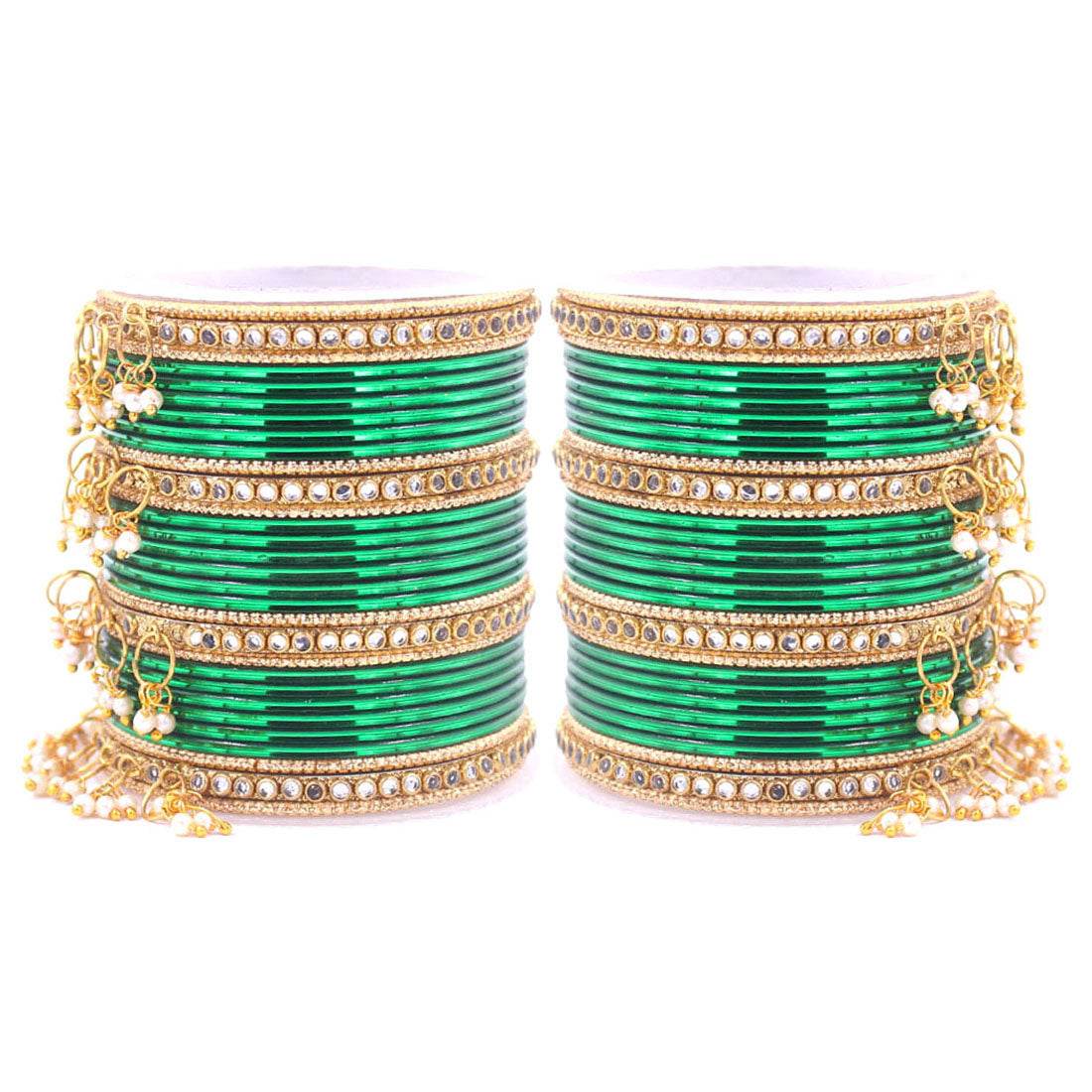 Shining Bangle Set with beaded Jhumki by T4 Jewels Green T4 Jewels