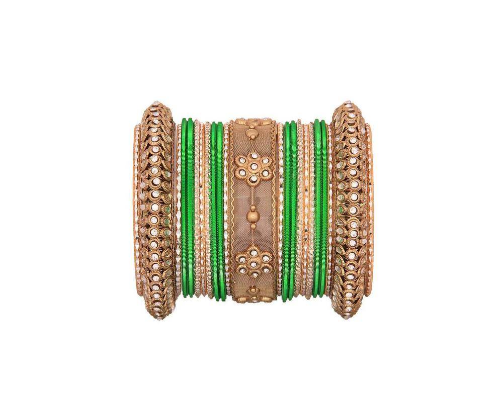 One Hand Multi-Colored Velvet Textured Bangle Set Parrot Green-Golden T4 Jewels