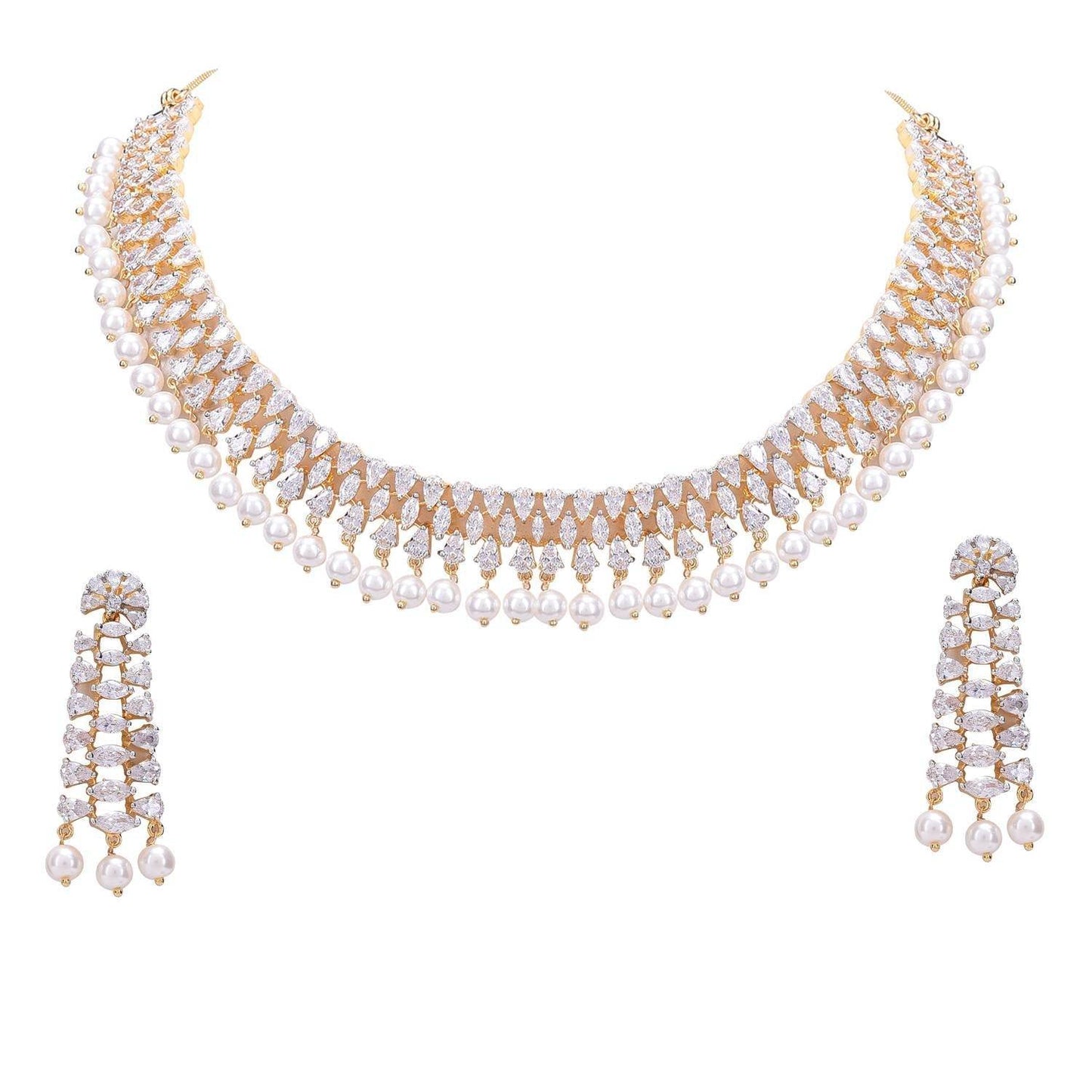 Exquisite Handcrafted CZ and Pearl Necklace Set T4 Jewels