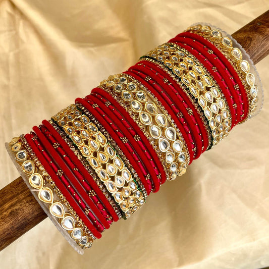 Rich Texture bangle set with Silk thread Bangles and Kundan Kada by T4 Jewels Red T4 Jewels