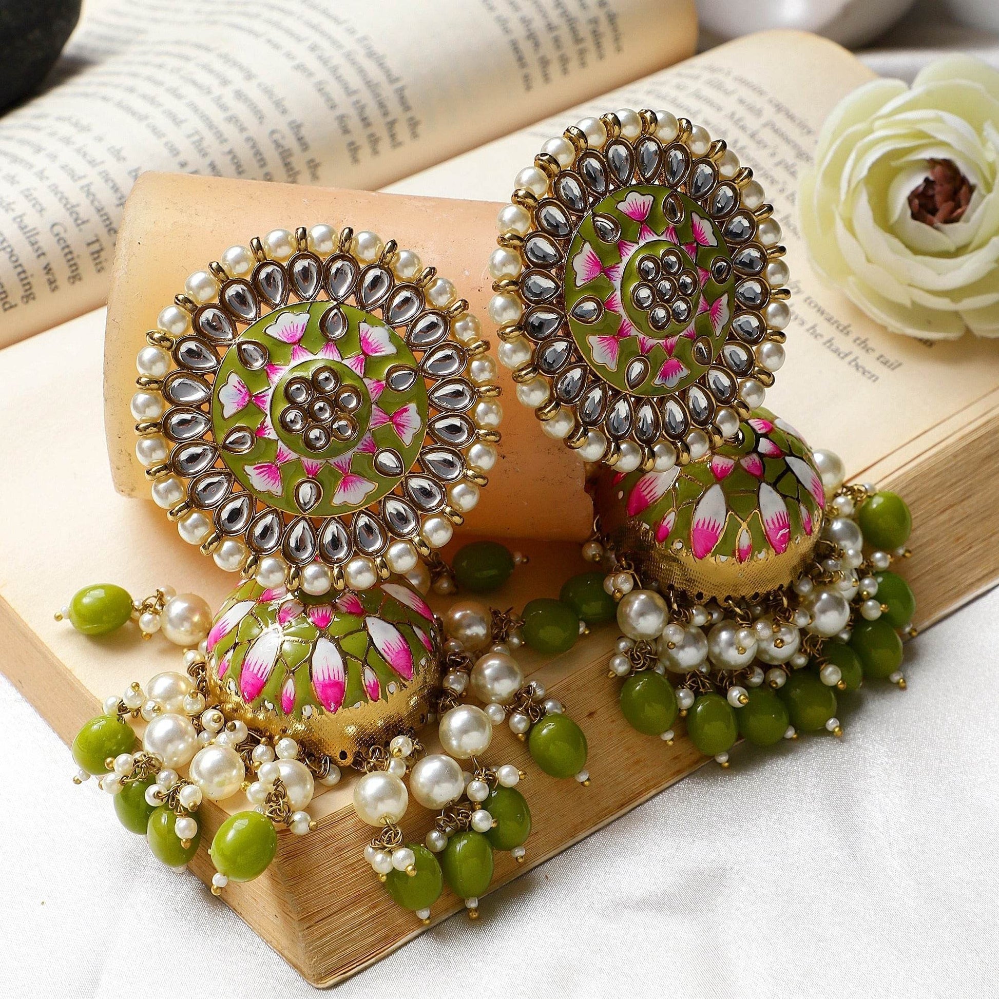 Meenakari Earrings with Kundan Pearl & Jhumka by T4 Jewels T4 Jewels