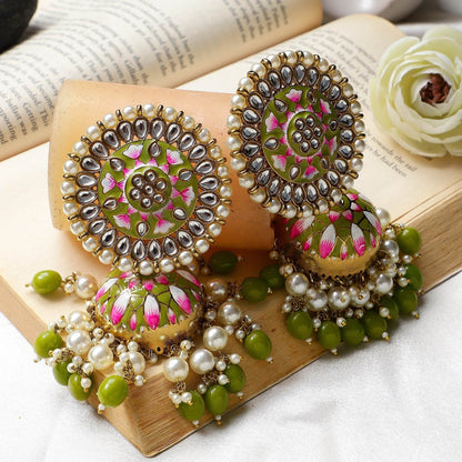 Meenakari Earrings with Kundan Pearl & Jhumka by T4 Jewels T4 Jewels