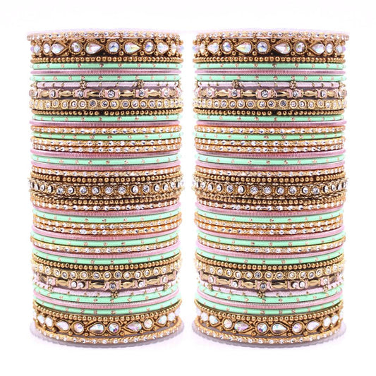 Intricate Dual Colour Pastel Bridal Bangle set Peach-Pista T4 Jewels