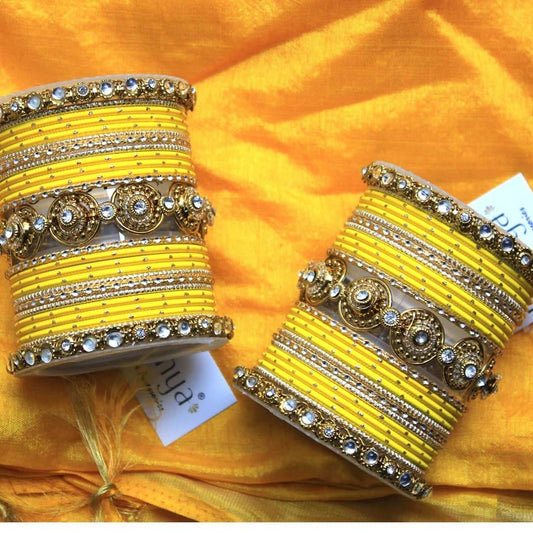 Traditional Colored Textured Bangle Set For Single Hand Yellow T4 Jewels