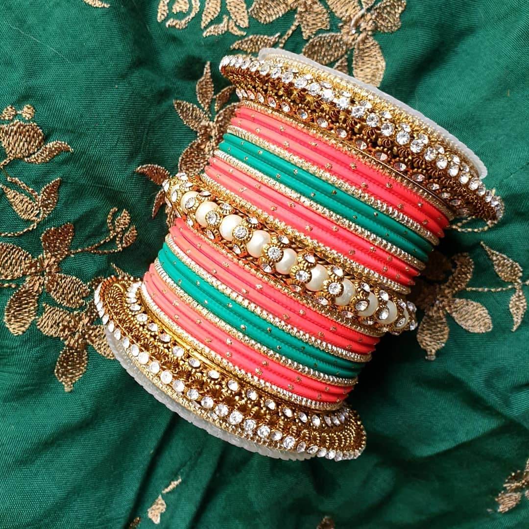 Set of 2 Traditional Multi-Colored Pearl Chakri Bangle Set Rose-Radium T4 Jewels