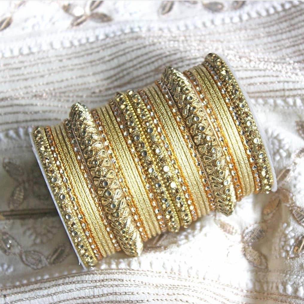 Traditional Colored Kundan Work Bangle Set For Two Hands Beige T4 Jewels