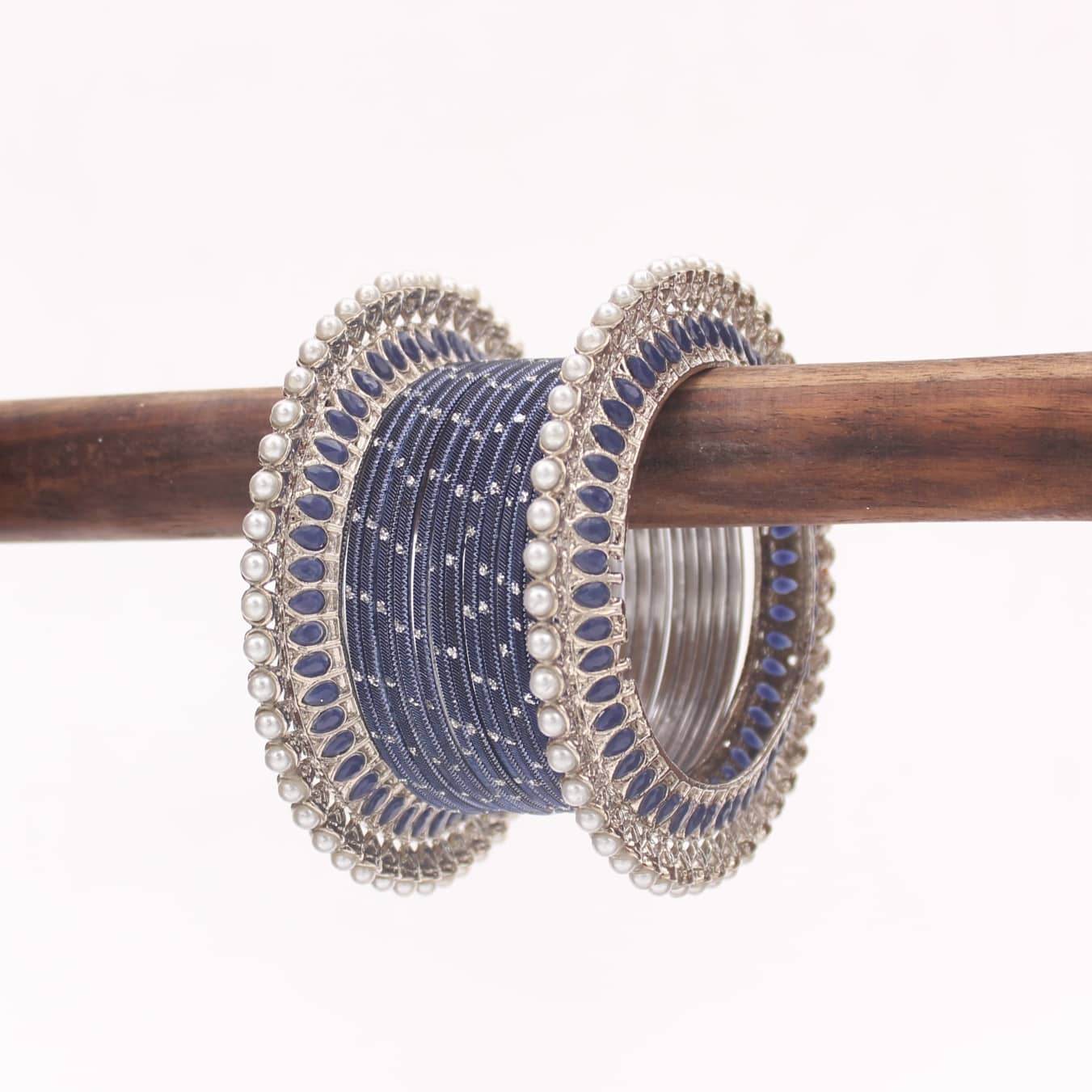 Traditional Pearl Bangles set for One Hand Blue T4 Jewels