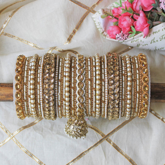 Traditional Ranisa Bangle Set with Kundan Jhumki by T4 Jewels Beige T4 Jewels