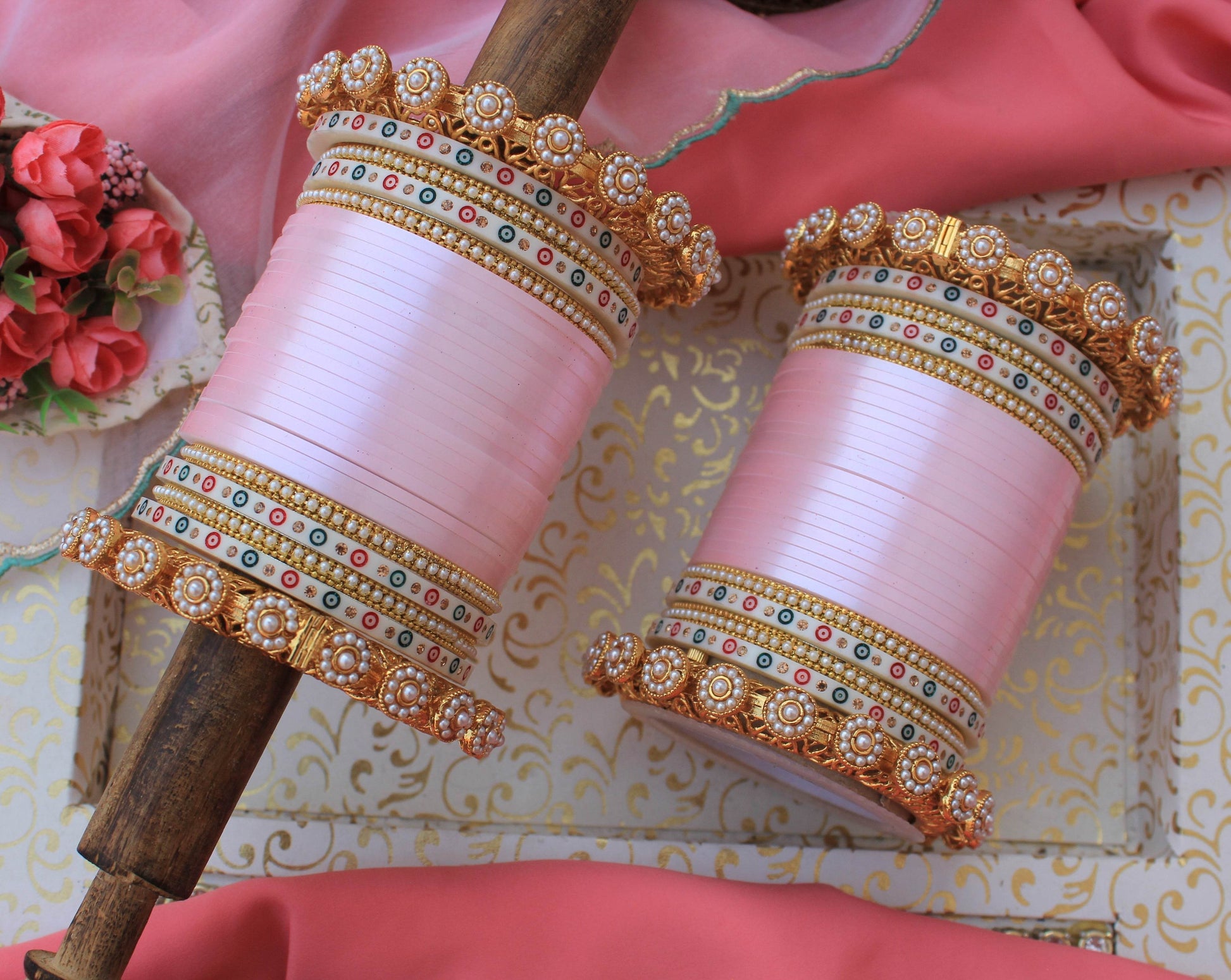 Bridal Chura with Pastel Colours and Pacheli Rajwada Kada Pink T4 Jewels