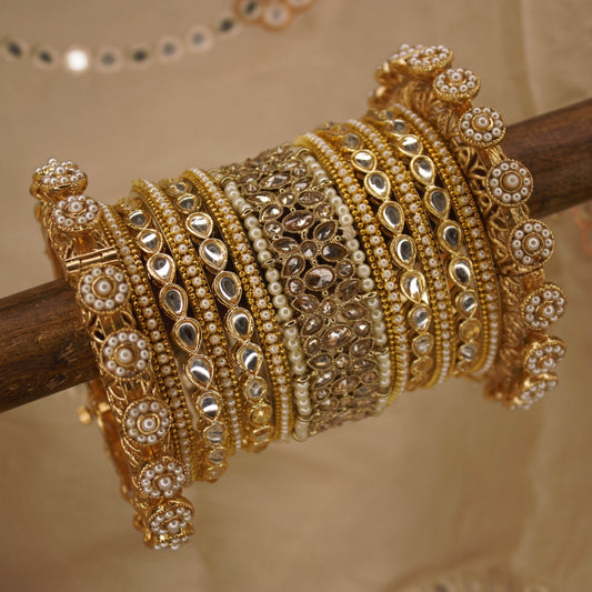 Pushpa Bangle Set with Kundan Jhumki for one hand by T4 Jewels Beige T4 Jewels