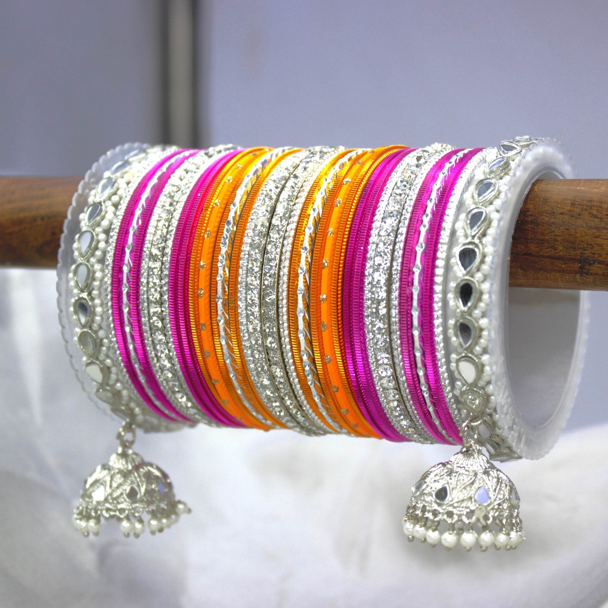 Pastel Coloured Bridal Bangle set with Silver kundan Jhumki Rani-Orange T4 Jewels