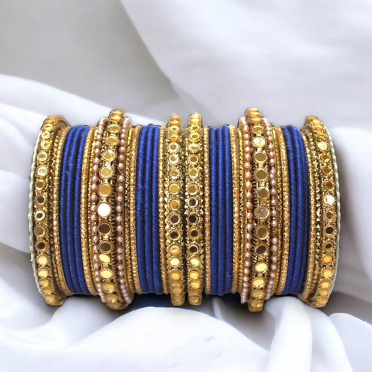 Velvet Bangles set with Golden Mirror work Kada Royal Blue T4 Jewels