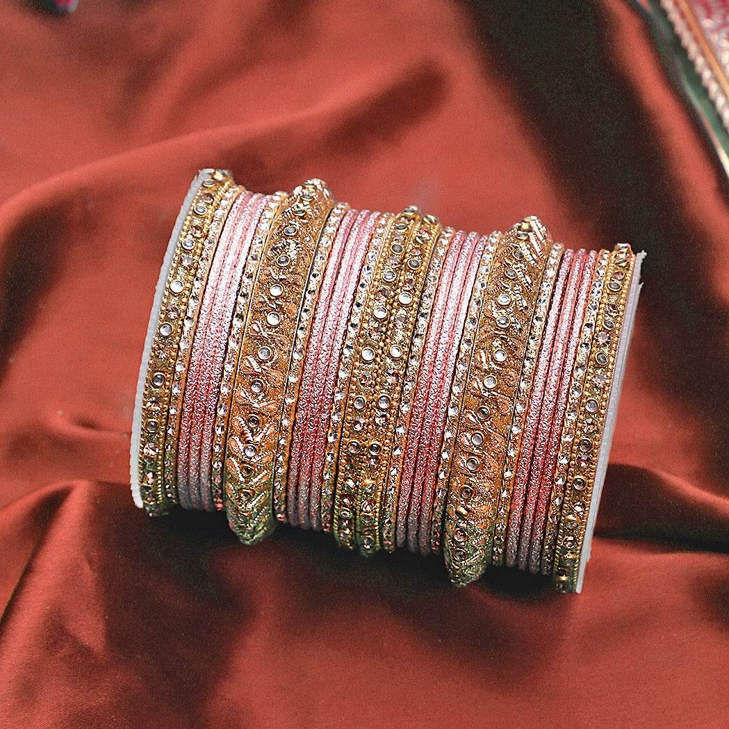 Traditional Colored Kundan Work Bangle Set For Two Hands Peach T4 Jewels