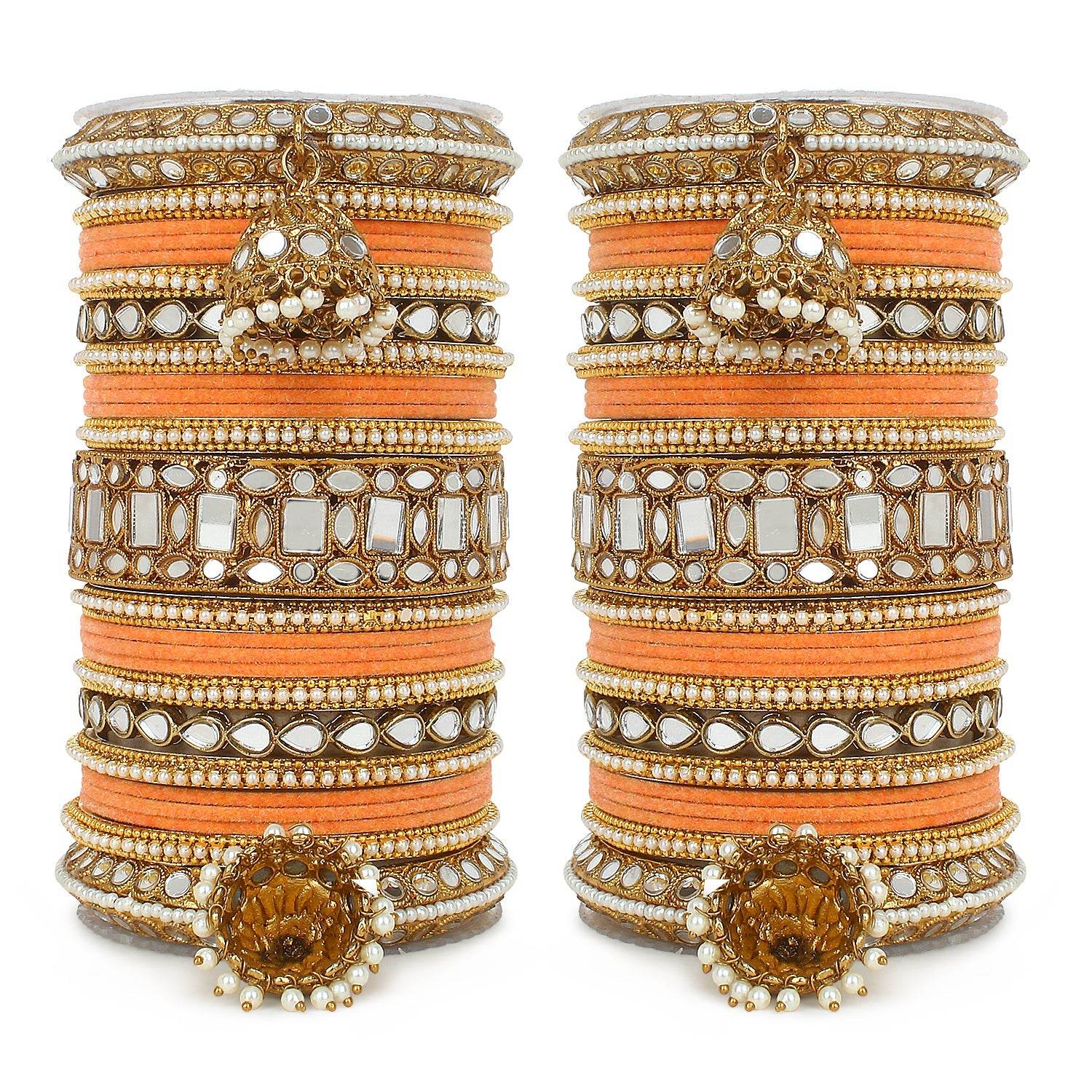 Traditional Mirror Bangle Set with Velvet Bangles with Jhumki by T4 Jewels Peach T4 Jewels