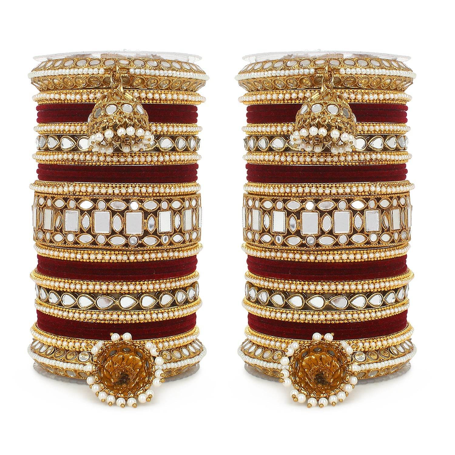 Traditional Mirror Bangle Set with Velvet Bangles with Jhumki by T4 Jewels Maroon T4 Jewels