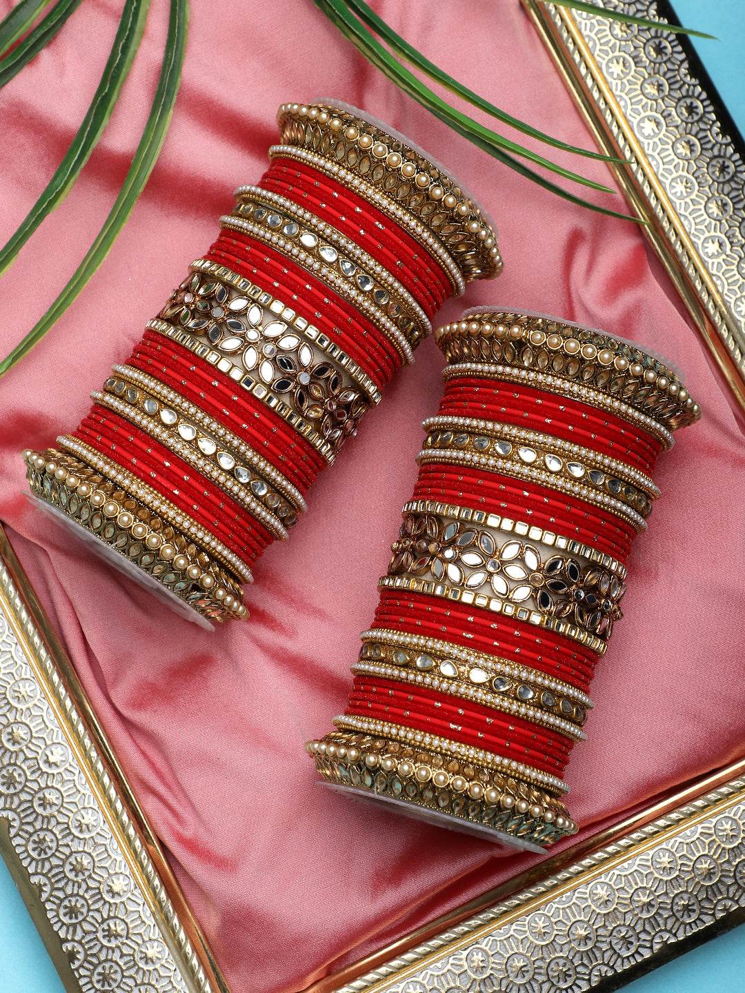 Bridal Bangle Set with Flower Mirror Kada and Pacheli by T4 Jewels Red T4 Jewels