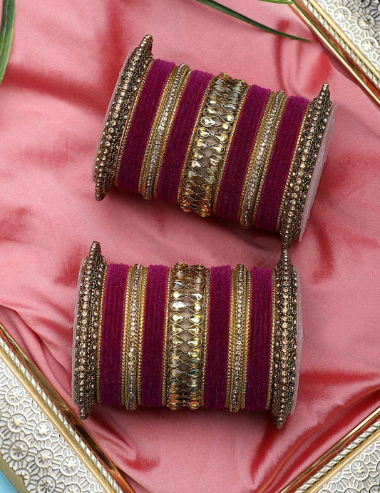 Velvet Bangle Set with Centre Kada and Pacheli by T4 Jewels Maroon T4 Jewels