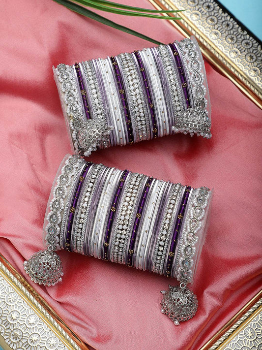 Pastel Coloured Bridal Bangle set with Silver kundan Jhumki Wine T4 Jewels