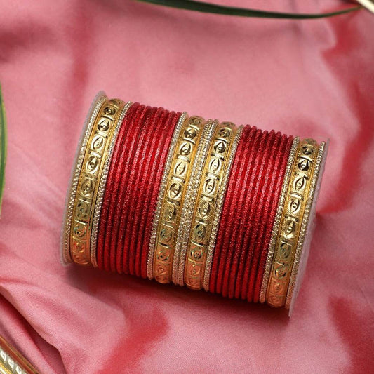 Bangle Set with Golden Etching Kada by T4 Jewels Red T4 Jewels