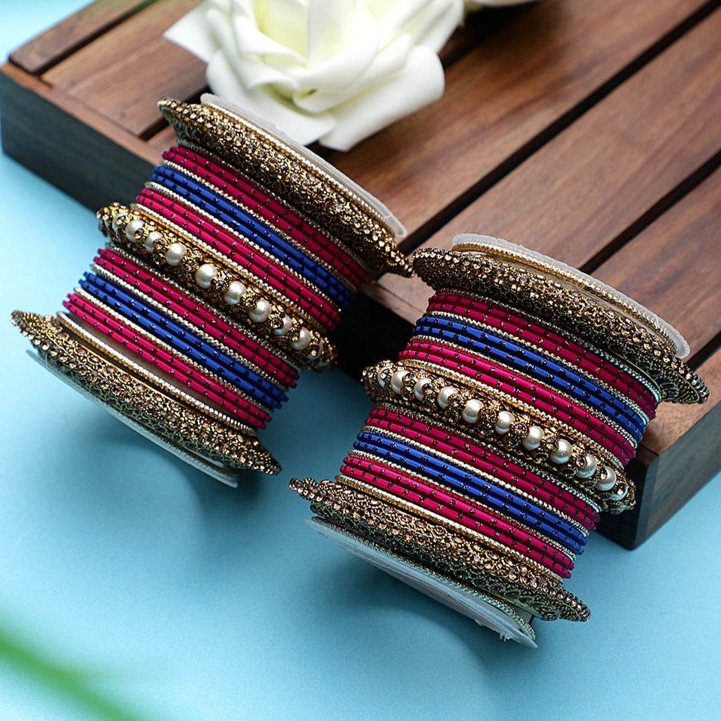 Set of 2 Traditional Multi-Colored Pearl Chakri Bangle Set Red-Blue T4 Jewels