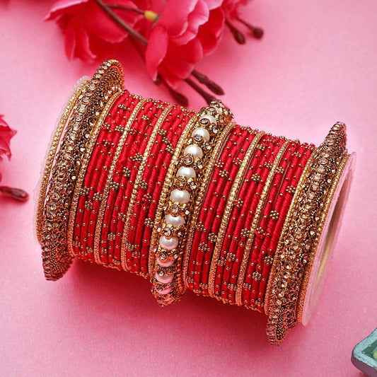 Traditional Thread bangle set with Pearl centre kada by T4 Jewels Red T4 Jewels