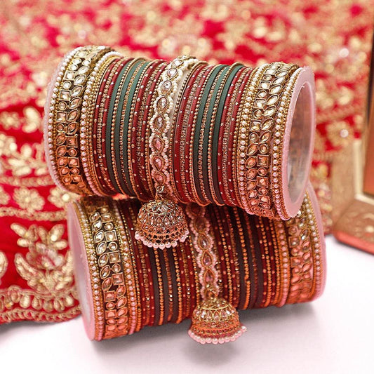 Colourful Jhumki Bangle set with Kundan Border Kada by T4 Jewels Red-Green T4 Jewels