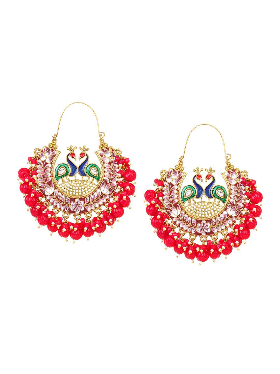 Meenakari Jhumki Earring with hanging beads by T4 Jewels Maroon T4 Jewels