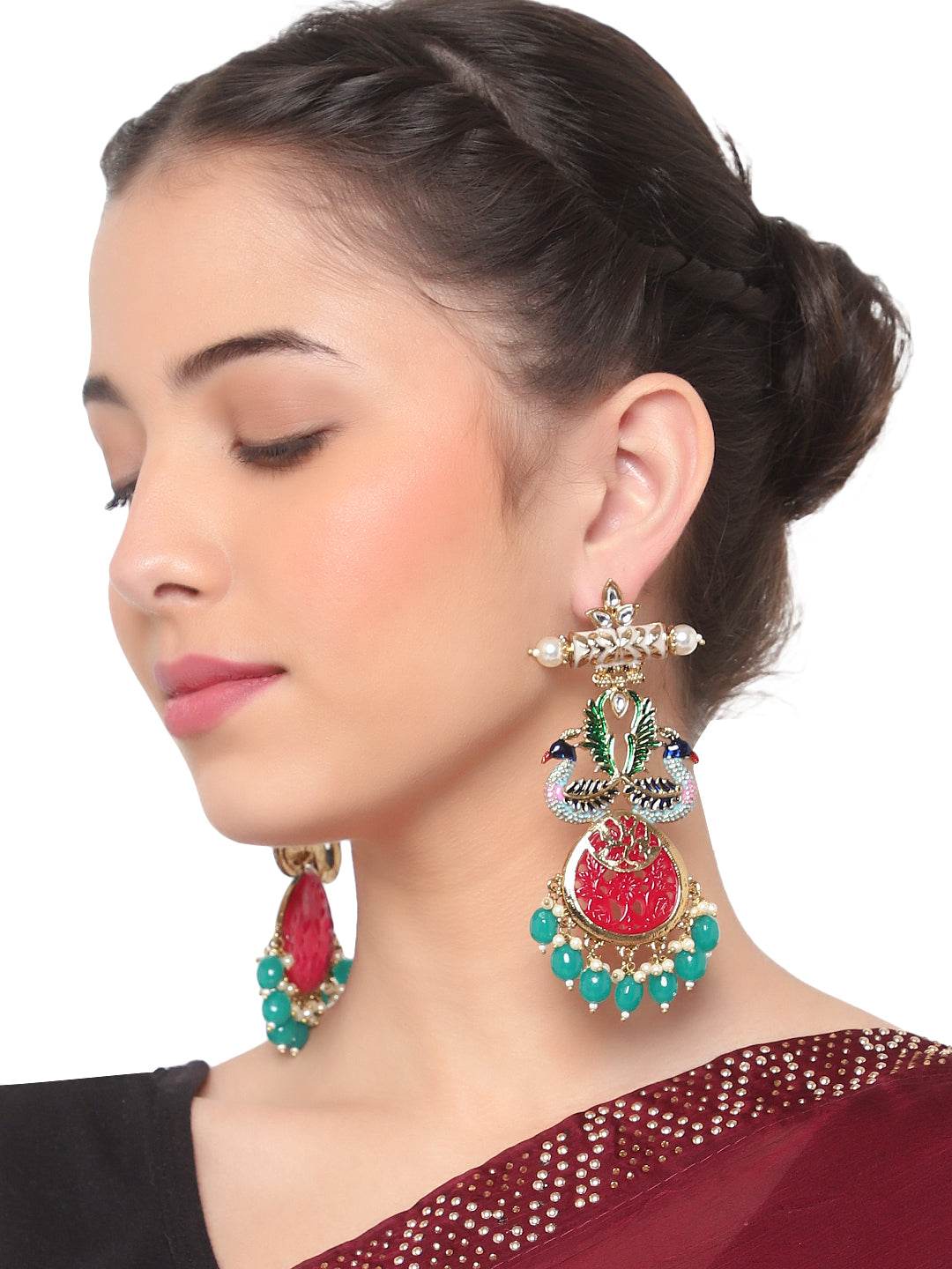 Beaded Jhumki Earring with Glass Stone by T4 Jewels Red::Green T4 Jewels