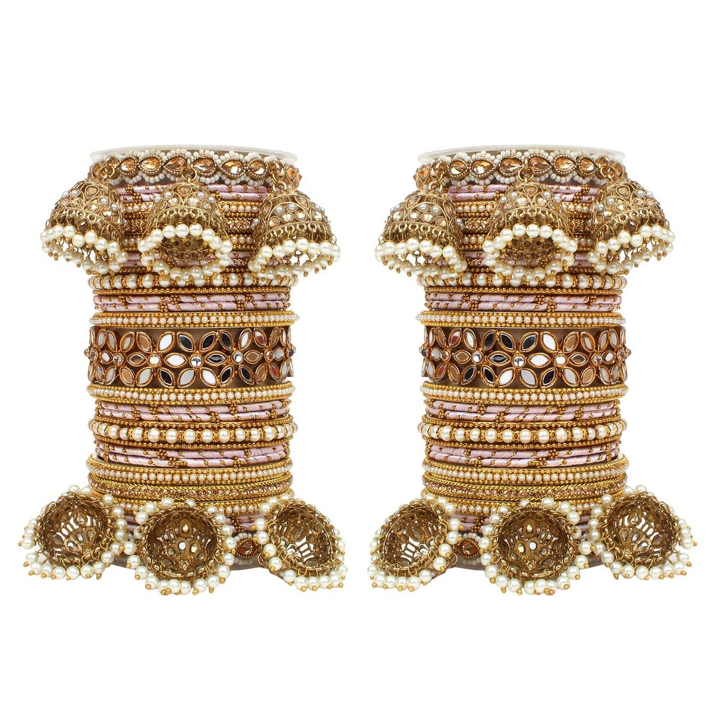 Traditional Jhumki Bangle Set with Thread Bangles and Mirror Kada Pink T4 Jewels
