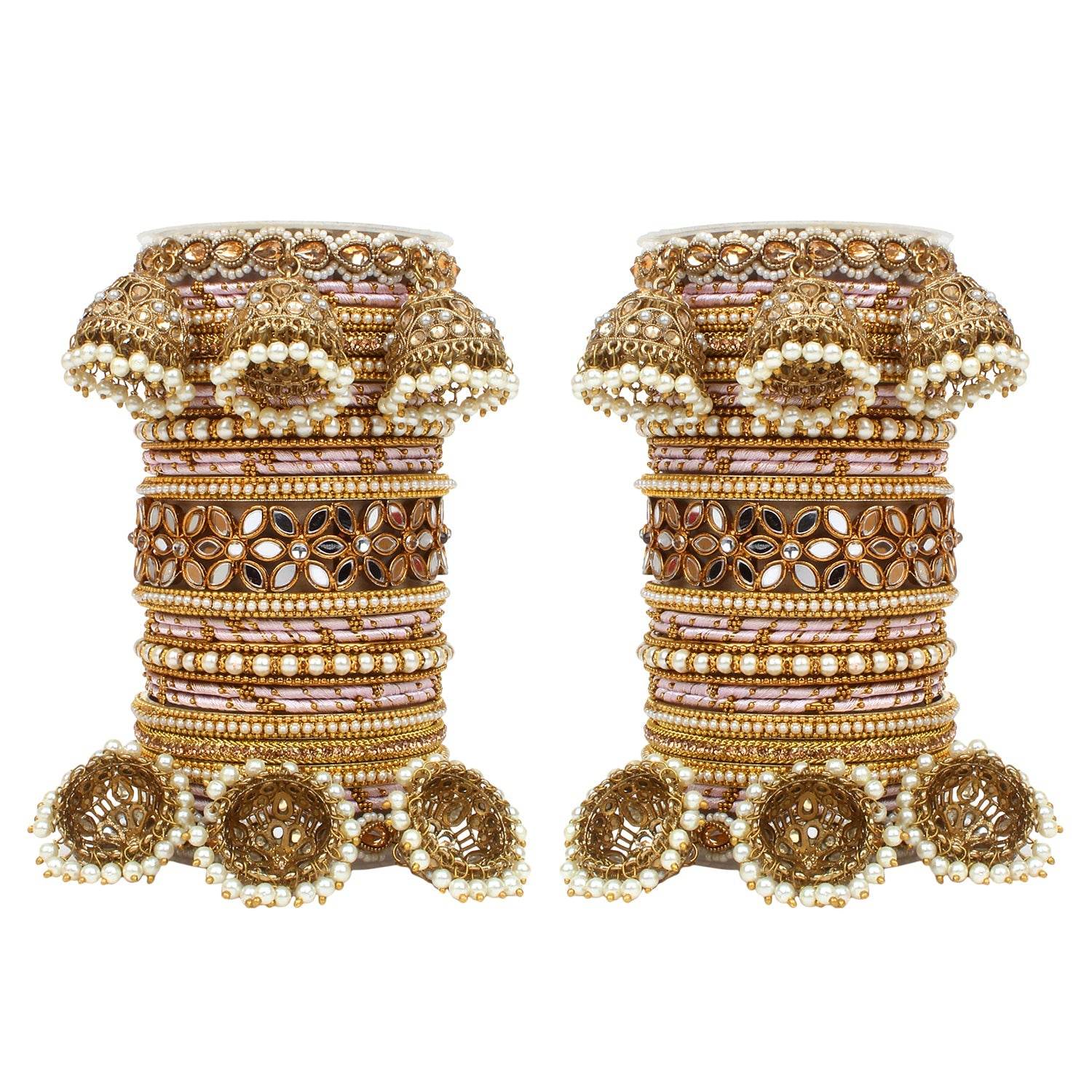 Traditional Jhumki Bangle Set with Thread Bangles and Mirror Kada Pink T4 Jewels