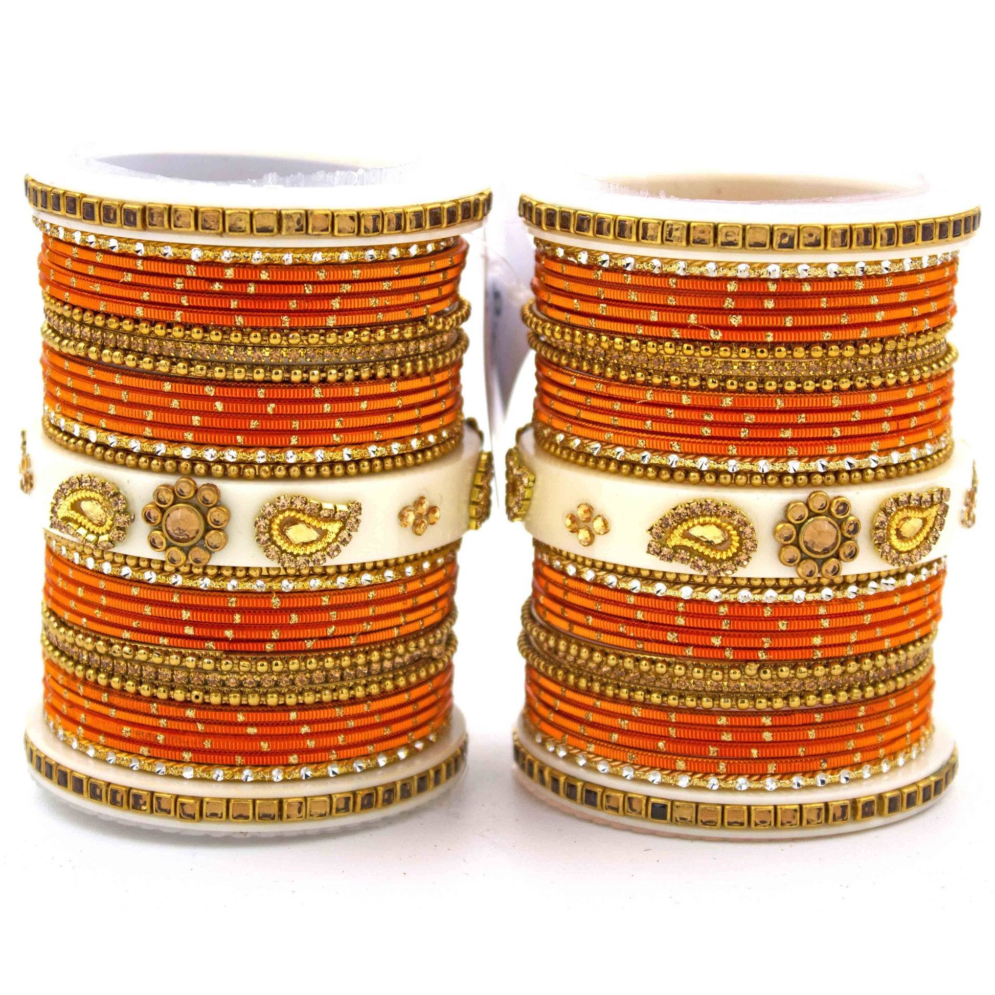Traditonal Bridal Bangle set with golden dotted design Orange T4 Jewels